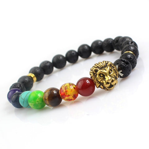JLForest Gold Lion (Zodiac Leo ) Head Elastic Bracelet 8mm Black Lava Stone Beads Seven Chakras Healing Balance Reiki Prayer Bijoux Bangles