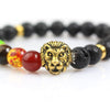 JLForest Gold Lion (Zodiac Leo ) Head Elastic Bracelet 8mm Black Lava Stone Beads Seven Chakras Healing Balance Reiki Prayer Bijoux Bangles