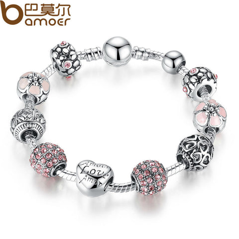 Antique 925 Silver Charm Bracelet & Bangle with Love and Flower Crystal Ball Women
